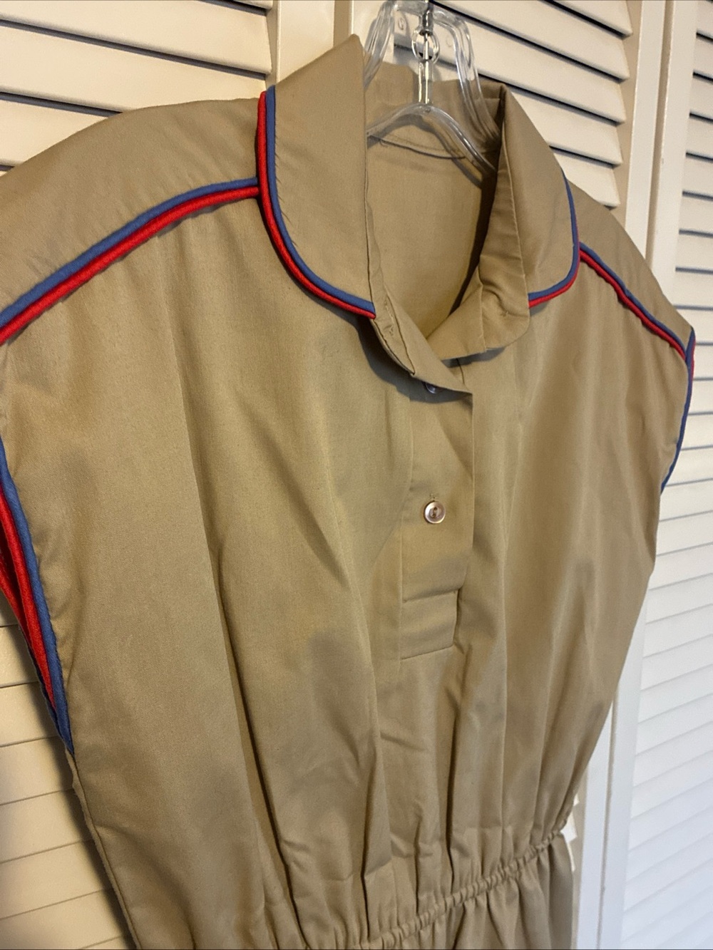 Vintage 70s Romper House Dress Beige with Red/Blue Piping Camp Western L (10-12) - Picture 2 of 7